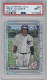 Jasson Dominguez from the 2020 Bowman Mega Box Chrome set graded by PSA and given an overall grade of 10.