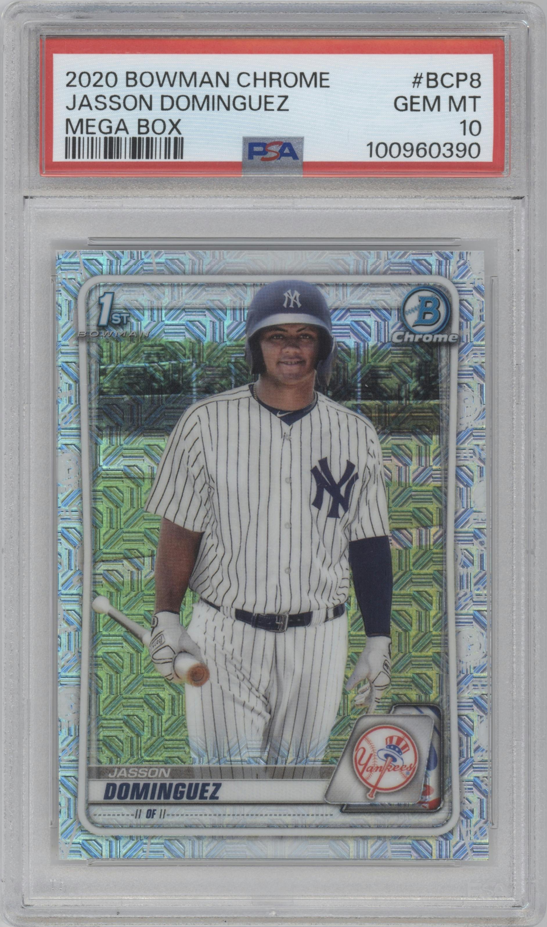 Jasson Dominguez from the 2020 Bowman Mega Box Chrome set graded by PSA and given an overall grade of 10.