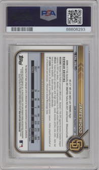 James Wood from the 2022 Bowman set featuring a Speckle Refractor parallel graded by PSA and given an overall grade of 10.