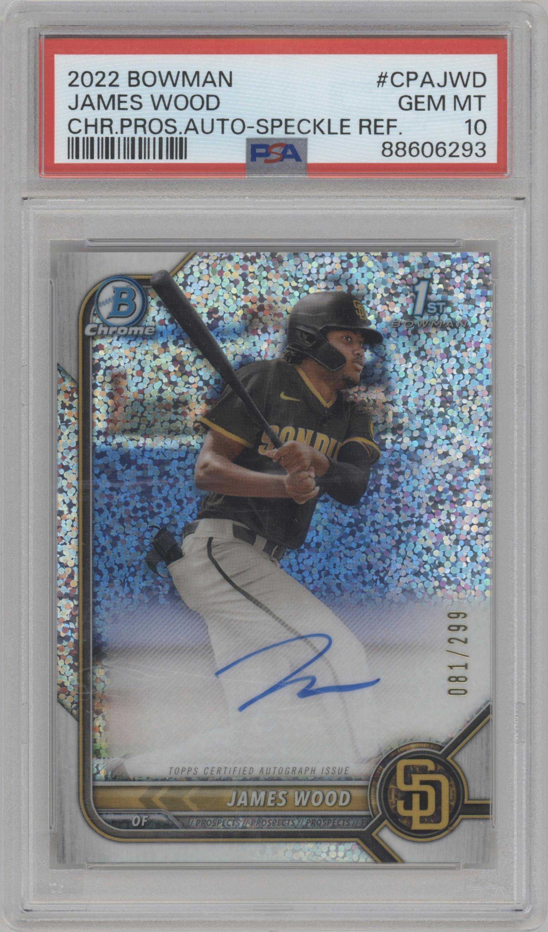 James Wood from the 2022 Bowman set featuring a Speckle Refractor parallel graded by PSA and given an overall grade of 10.