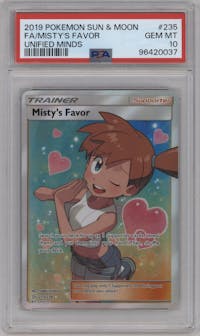 Misty's Favor from the 2019 Pokemon S&M  set graded by PSA and given an overall grade of 10.
