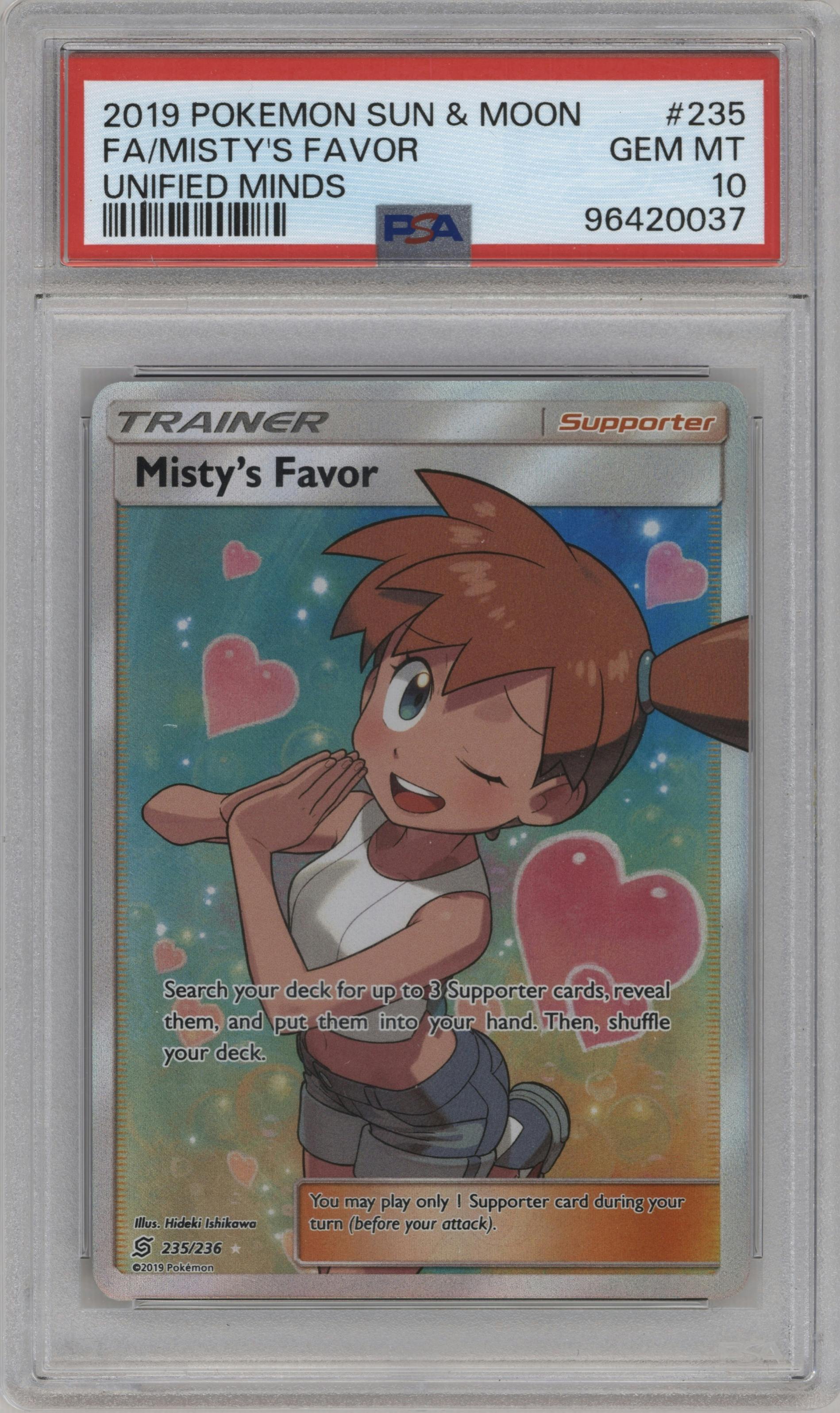 Misty's Favor from the 2019 Pokemon S&M  set graded by PSA and given an overall grade of 10.
