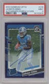 Jahmyr Gibbs from the 2023 Donruss Optic set featuring a Purple Stars parallel graded by PSA and given an overall grade of 9.