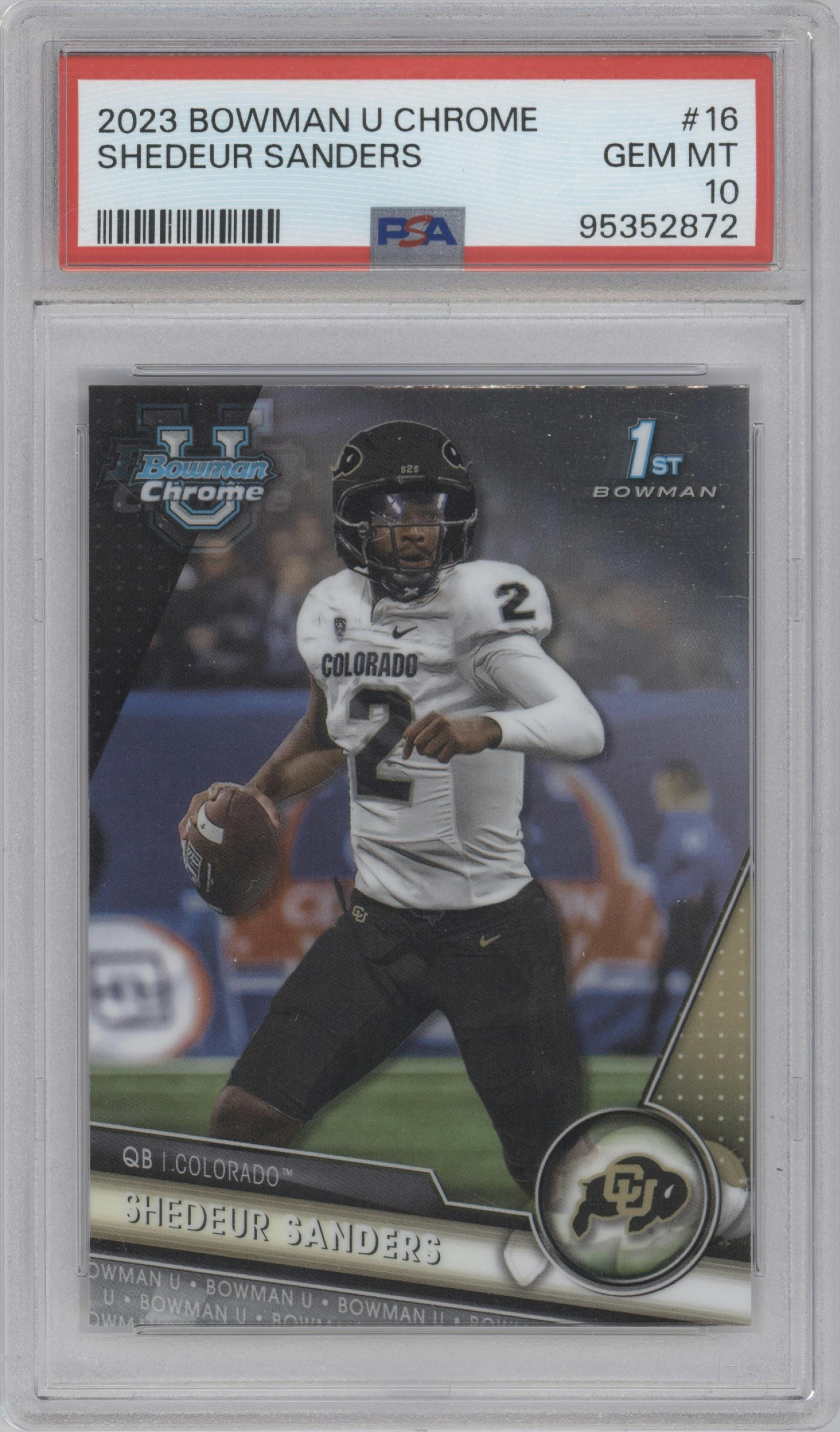 Shedeur Sanders from the 2023 Bowman Chrome University set graded by PSA and given an overall grade of 10.