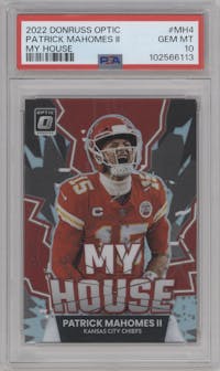 Patrick Mahomes II from the 2022 Panini Donruss Optic set graded by PSA and given an overall grade of 10.