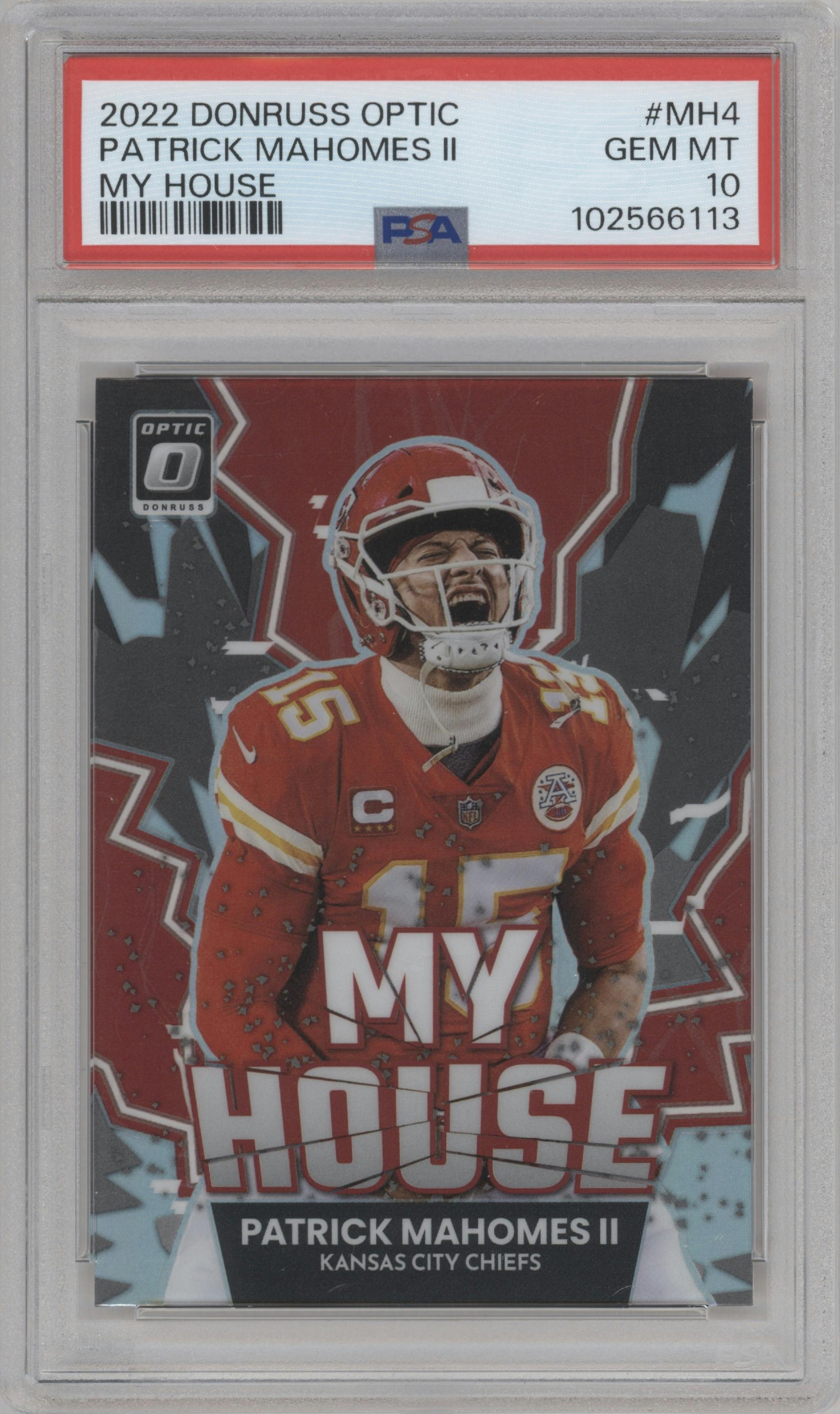 Patrick Mahomes II from the 2022 Panini Donruss Optic set graded by PSA and given an overall grade of 10.