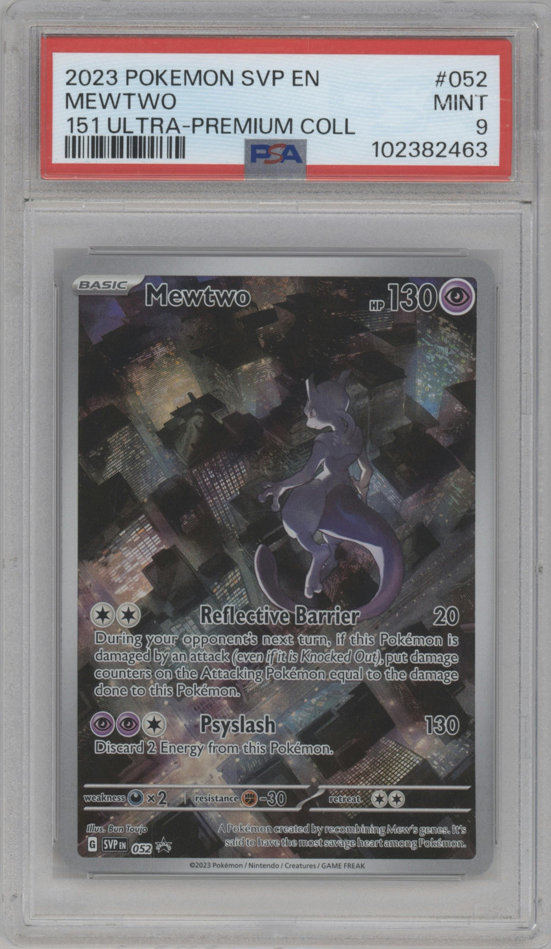 Mewtwo from the 2023 Pokemon SV set featuring a Scarlet & Violet 151 Ultra Premium Collection parallel graded by PSA and given an overall grade of 9.
