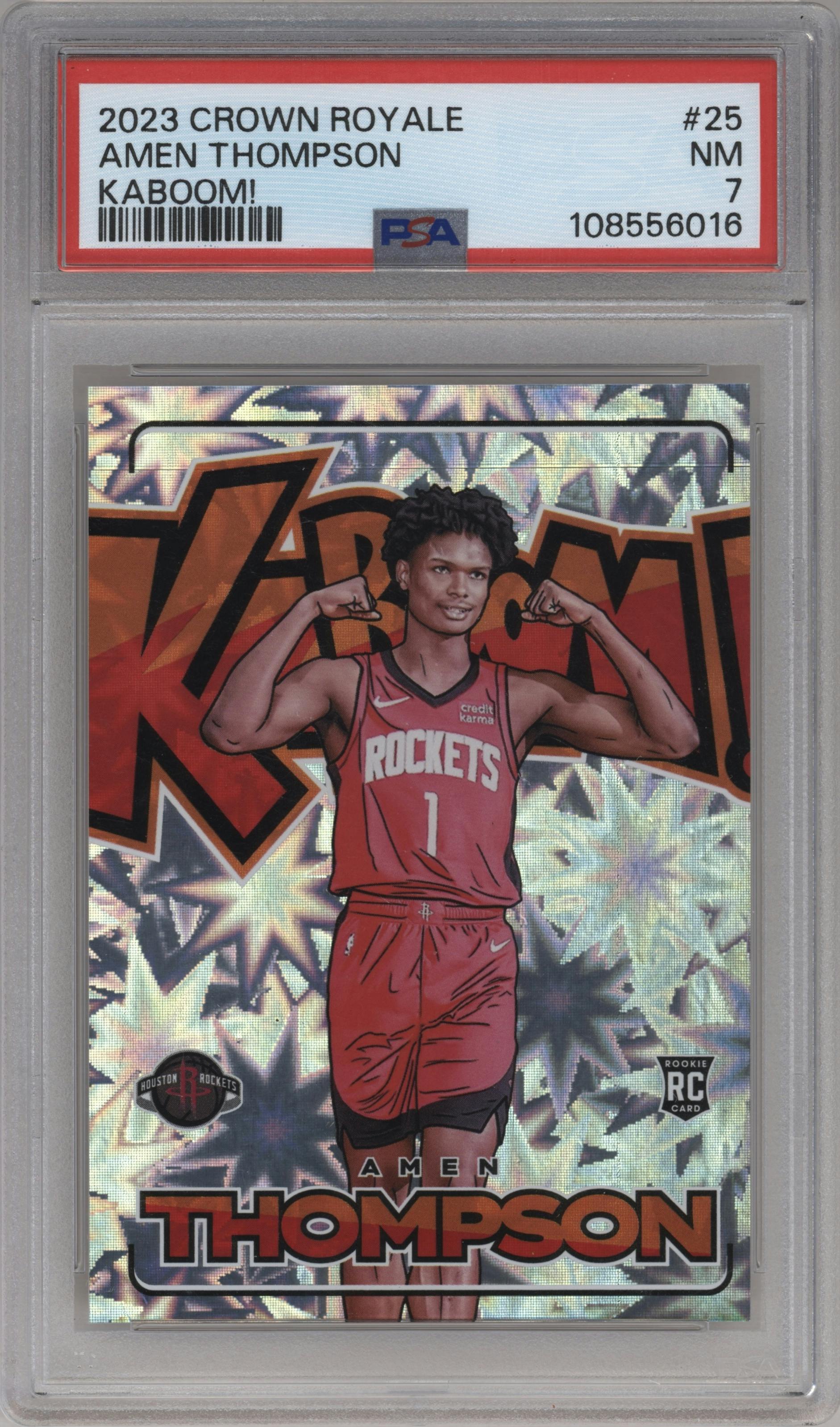 Amen Thompson from the 2023-24 Panini Crown Royale  set graded by PSA and given an overall grade of 7.