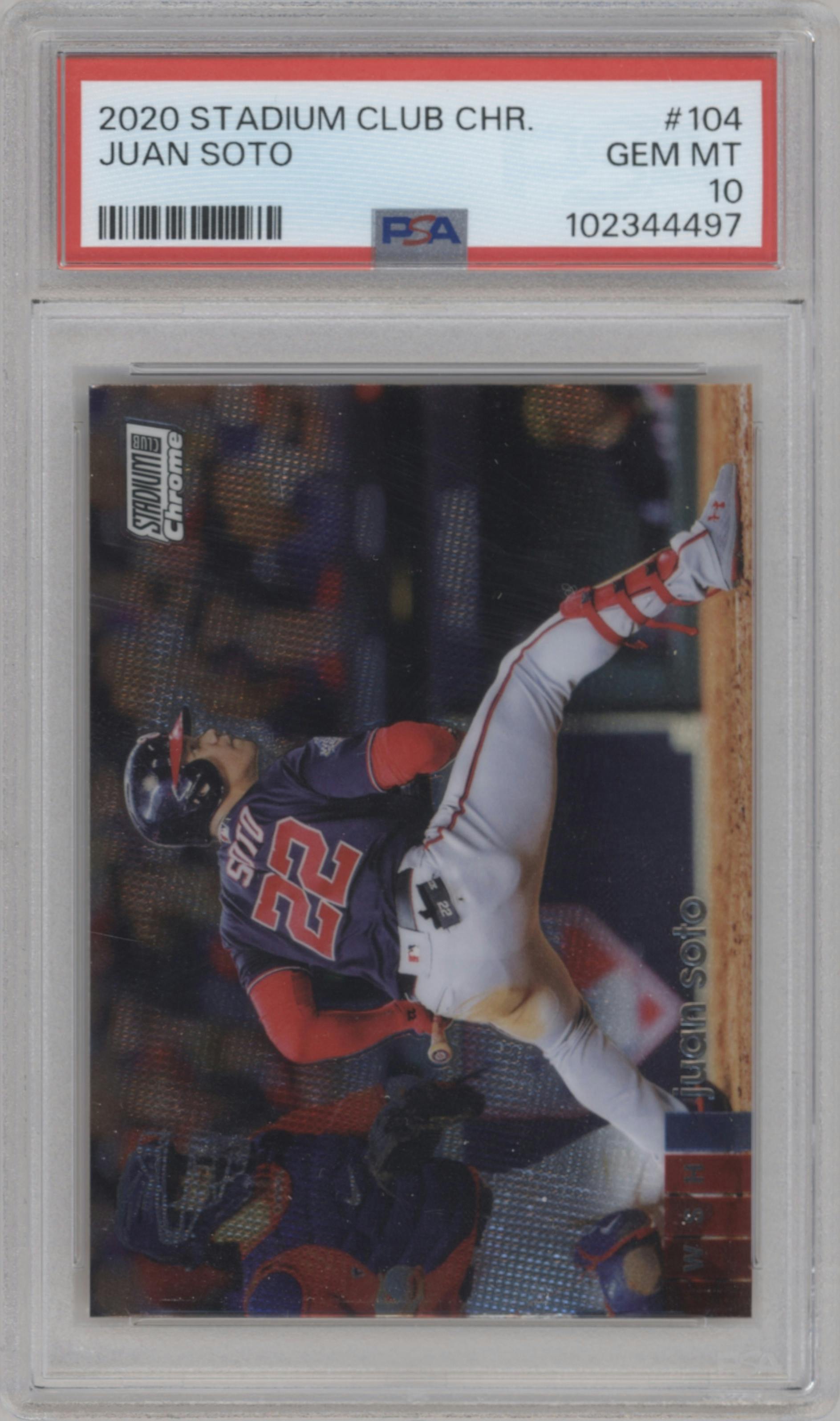 Juan Soto from the 2020 Topps Stadium Club Chrome set graded by PSA and given an overall grade of 10.
