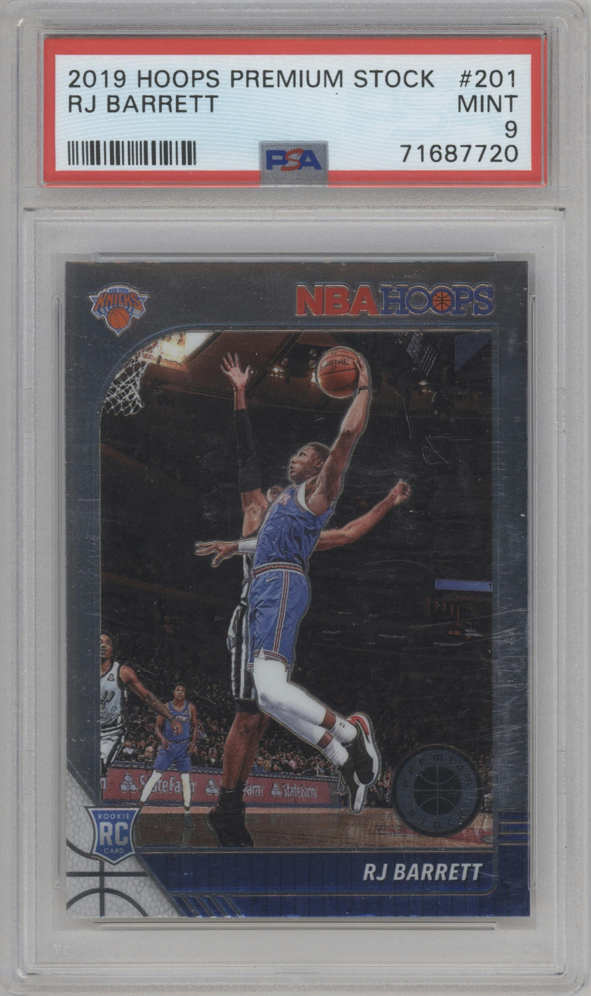 RJ Barrett from the 2019-20 Panini Hoops Premium Stock set graded by PSA and given an overall grade of 9.