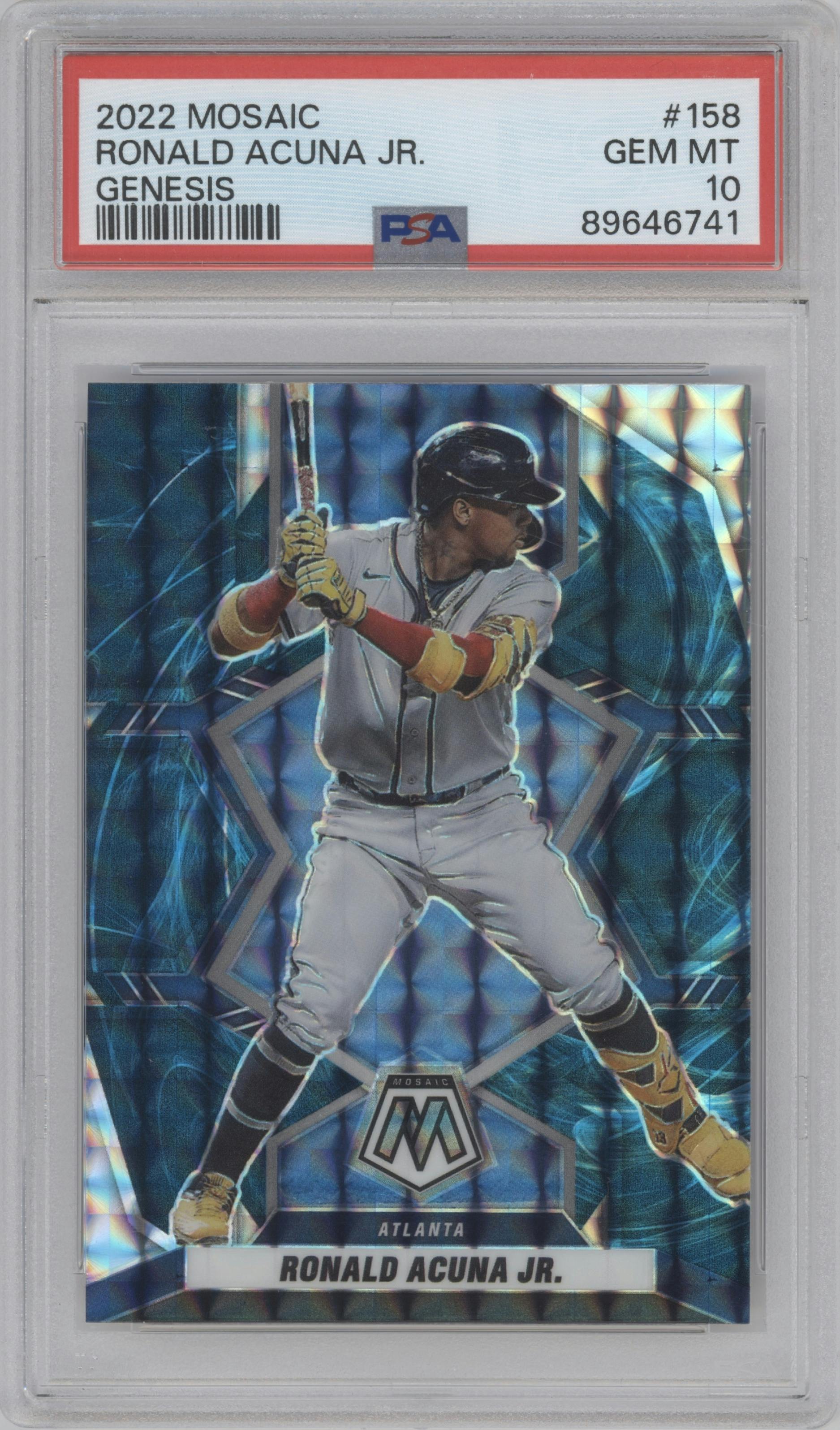 Ronald Acuna Jr. from the 2022 Panini Mosaic set featuring a Genesis parallel graded by PSA and given an overall grade of 10.