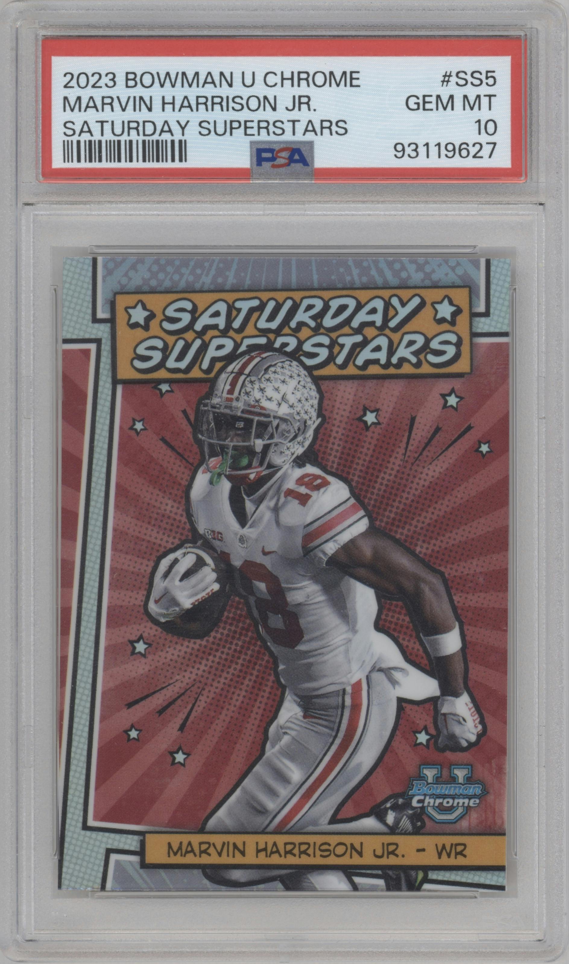 Marvin Harrison Jr. from the 2023 Bowman Chrome University set graded by PSA and given an overall grade of 10.