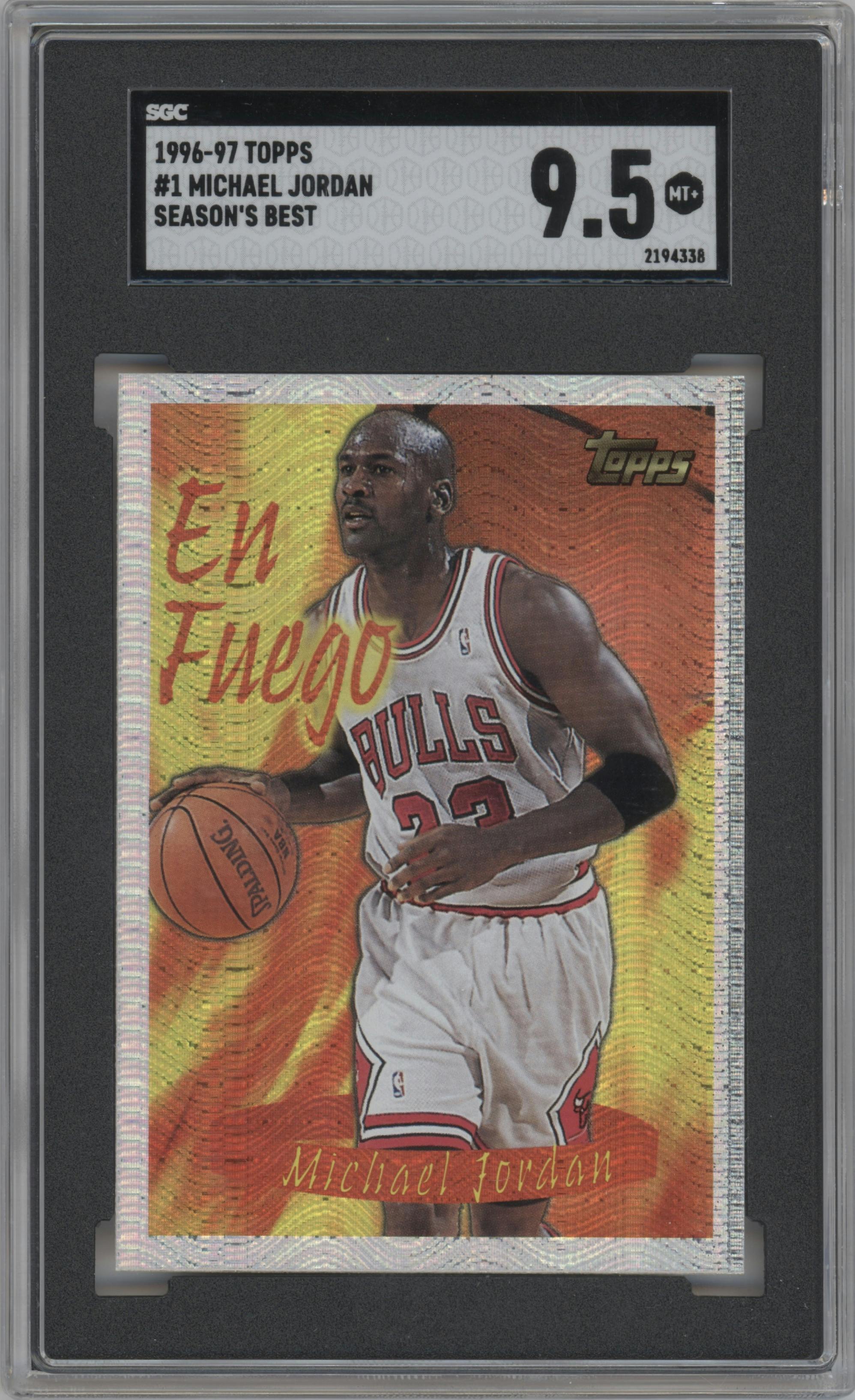 Michael Jordan from the 1996-97 Topps set graded by SGC and given an overall grade of 9.5.