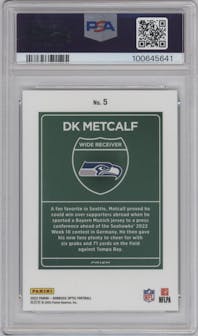DK Metcalf from the 2023 Donruss Optic set graded by PSA and given an overall grade of 10.