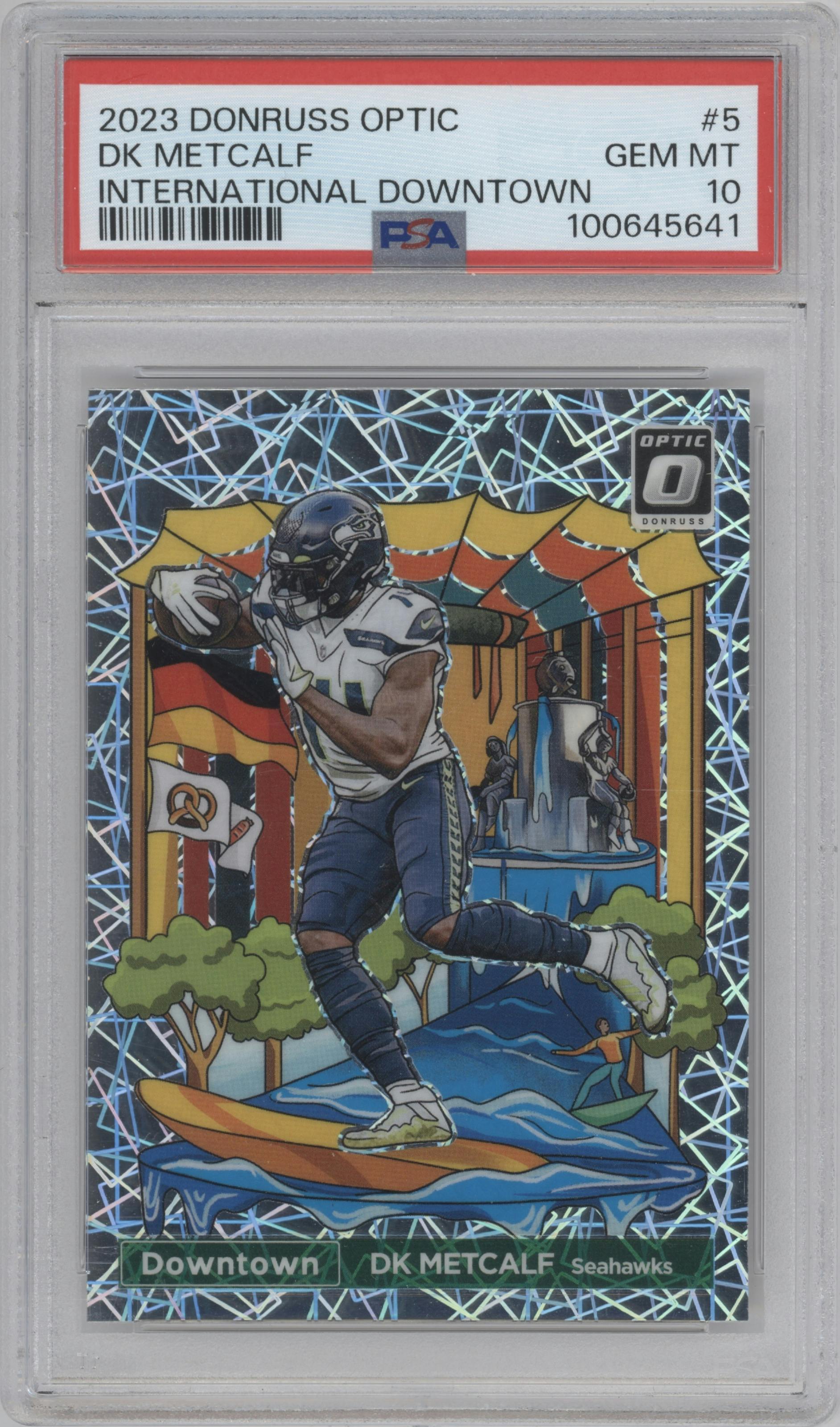 DK Metcalf from the 2023 Donruss Optic set graded by PSA and given an overall grade of 10.