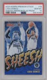 Luka Doncic from the 2023-24 Panini Hoops Premium Stock set featuring a Premium Blue parallel graded by PSA and given an overall grade of 10.