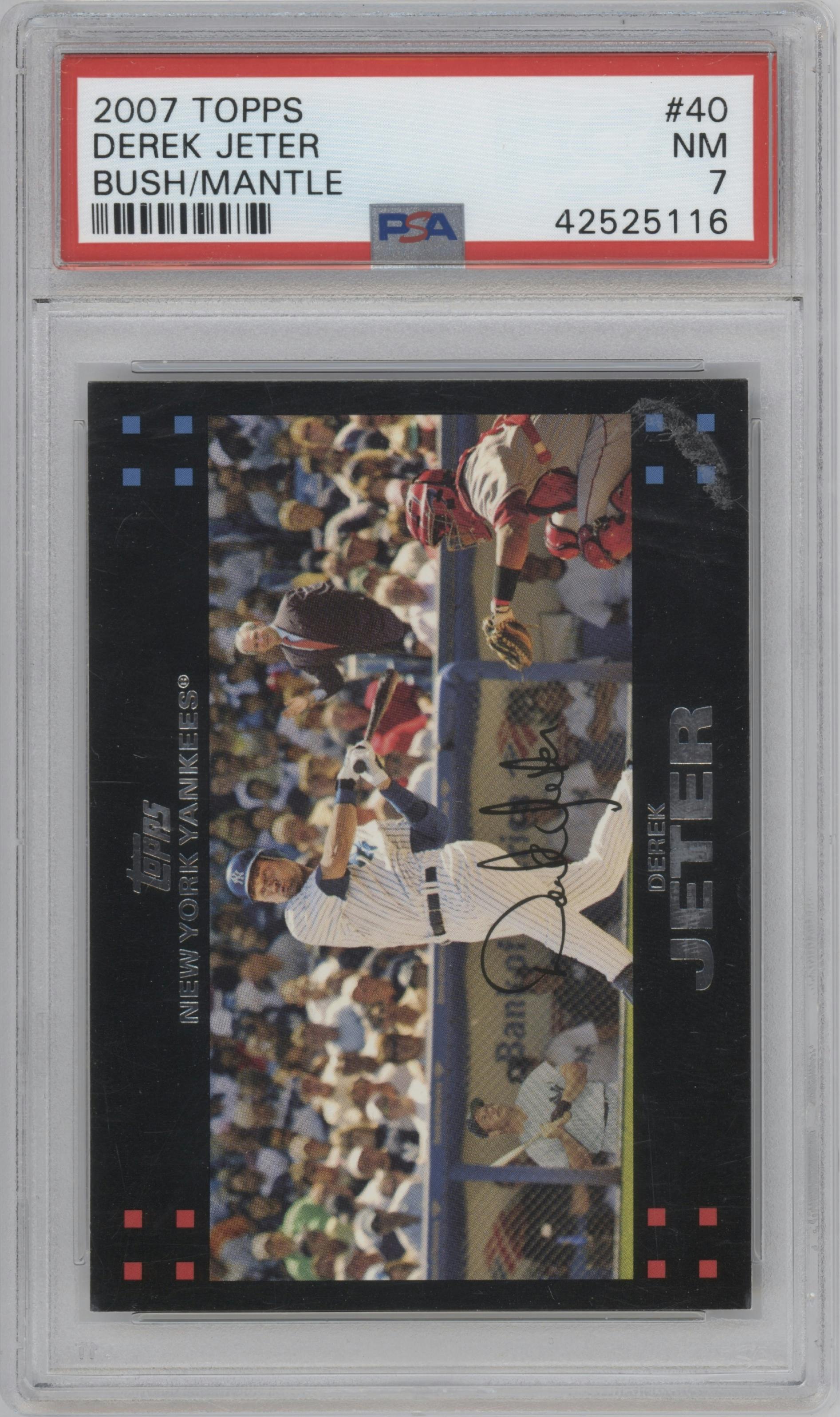 Derek Jeter from the 2007 Topps set featuring a Red Back Var. parallel graded by PSA and given an overall grade of 7.