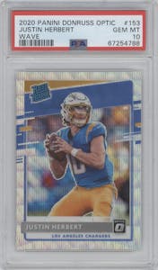 Justin Herbert from the 2020 Panini Donruss Optic set featuring a Wave parallel graded by PSA and given an overall grade of 10.