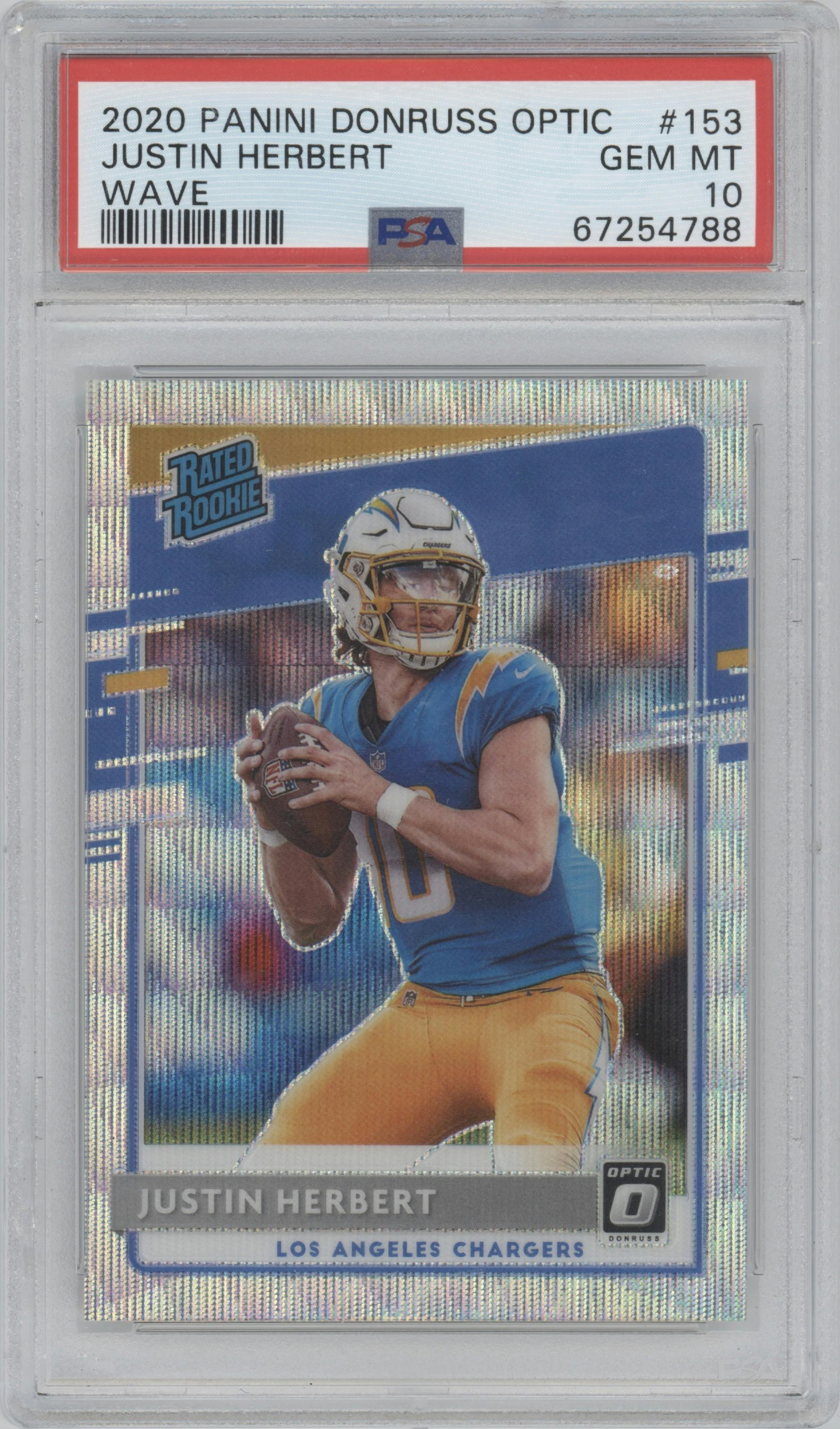 Justin Herbert from the 2020 Panini Donruss Optic set featuring a Wave parallel graded by PSA and given an overall grade of 10.