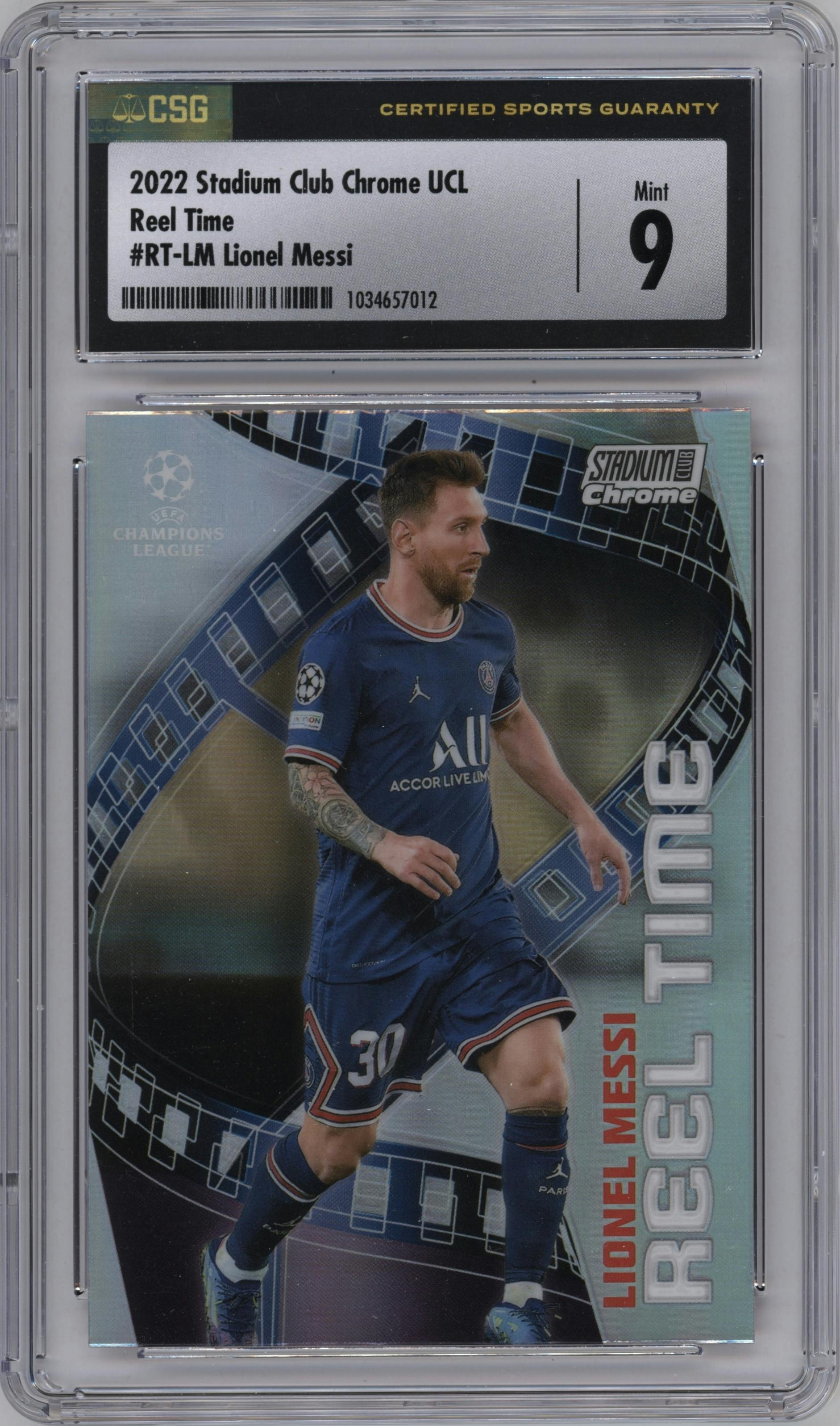 Lionel Messi from the 2021-22 Topps Stadium Club Chrome UEFA Champions League set graded by CSG and given an overall grade of 9.