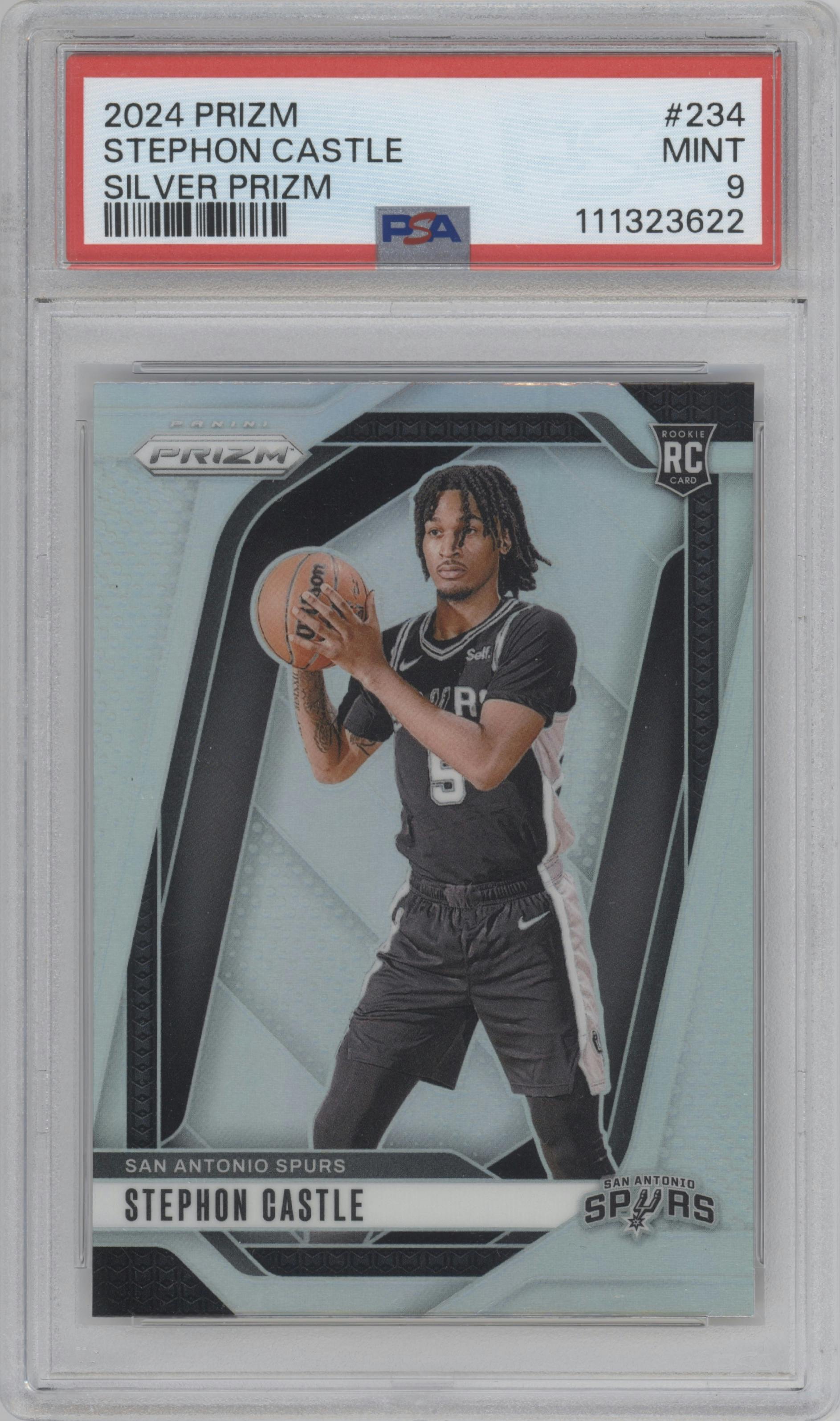 Stephon Castle from the 2024-25 Panini Prizm set featuring a Silver Prizm parallel graded by PSA and given an overall grade of 9.