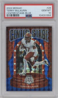 Terry McLaurin from the 2024 Panini Mosaic set featuring a Blue parallel graded by PSA and given an overall grade of 10.