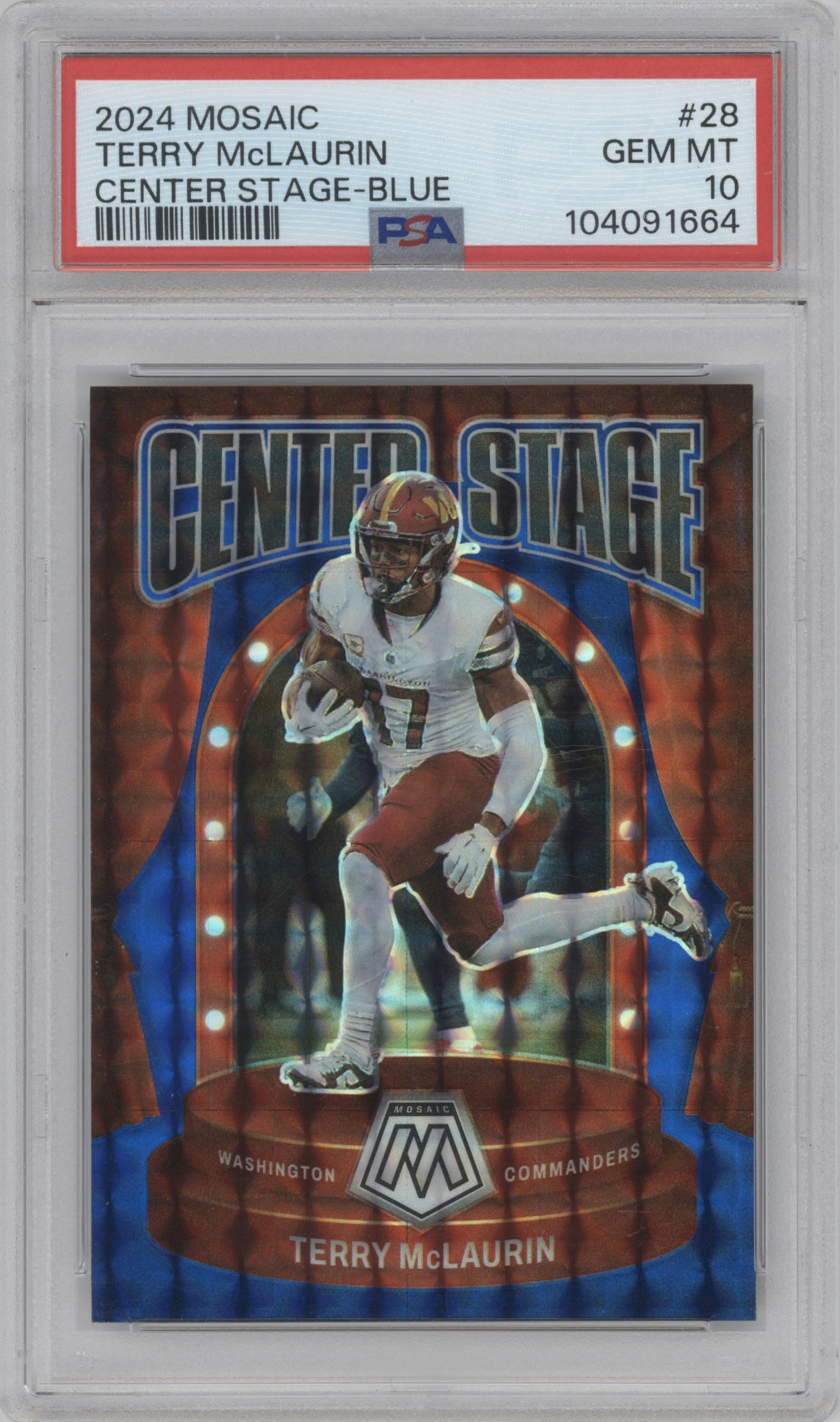 Terry McLaurin from the 2024 Panini Mosaic set featuring a Blue parallel graded by PSA and given an overall grade of 10.