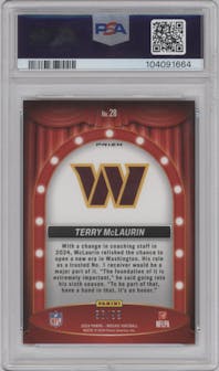 Terry McLaurin from the 2024 Panini Mosaic set featuring a Blue parallel graded by PSA and given an overall grade of 10.