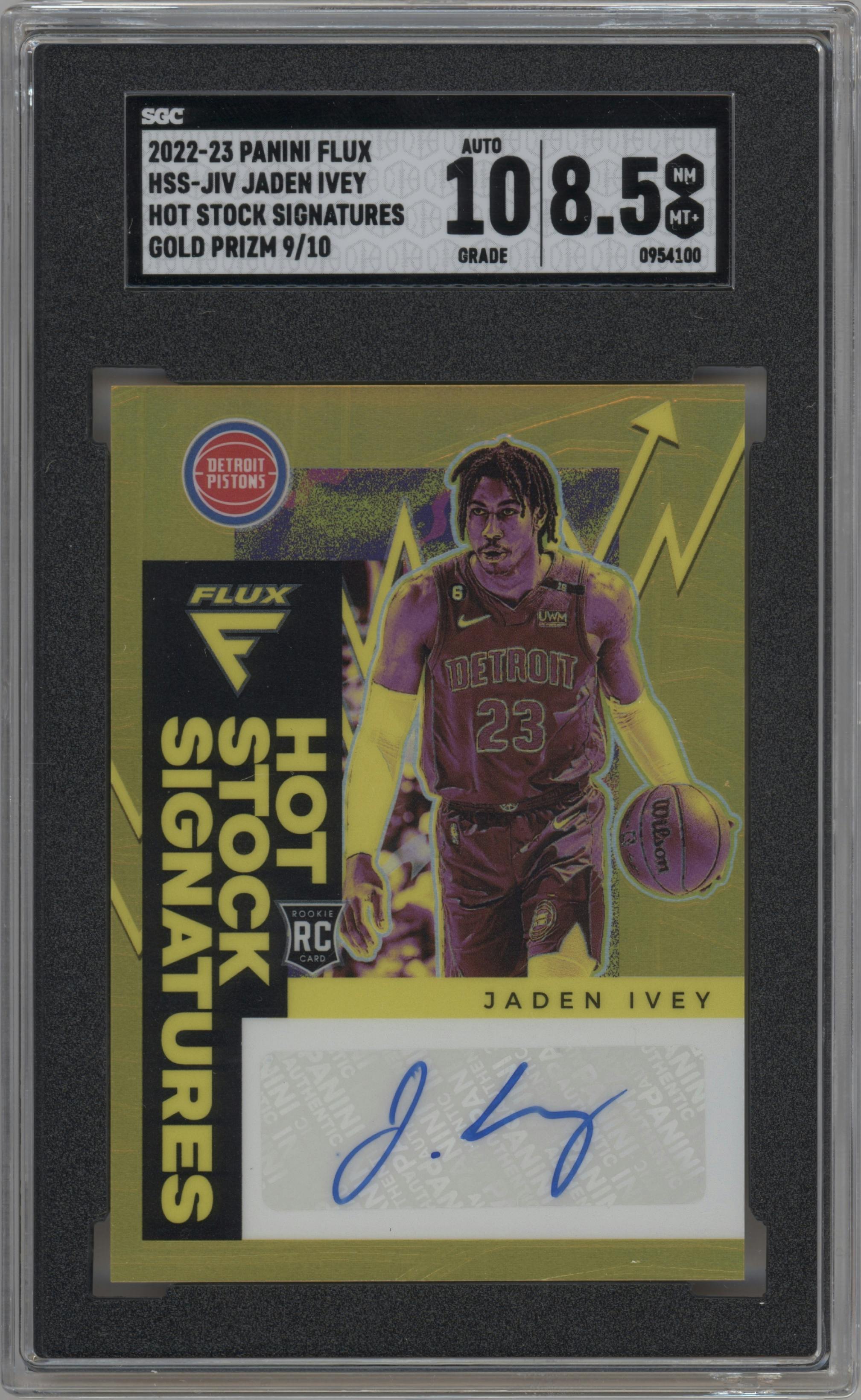 Jaden Ivey from the 2022-23 Panini Flux set featuring a Gold parallel graded by SGC and given an overall grade of 8.5.
