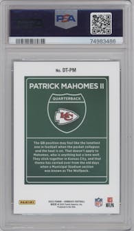Patrick Mahomes II from the 2022 Panini Donruss set graded by PSA and given an overall grade of 10.