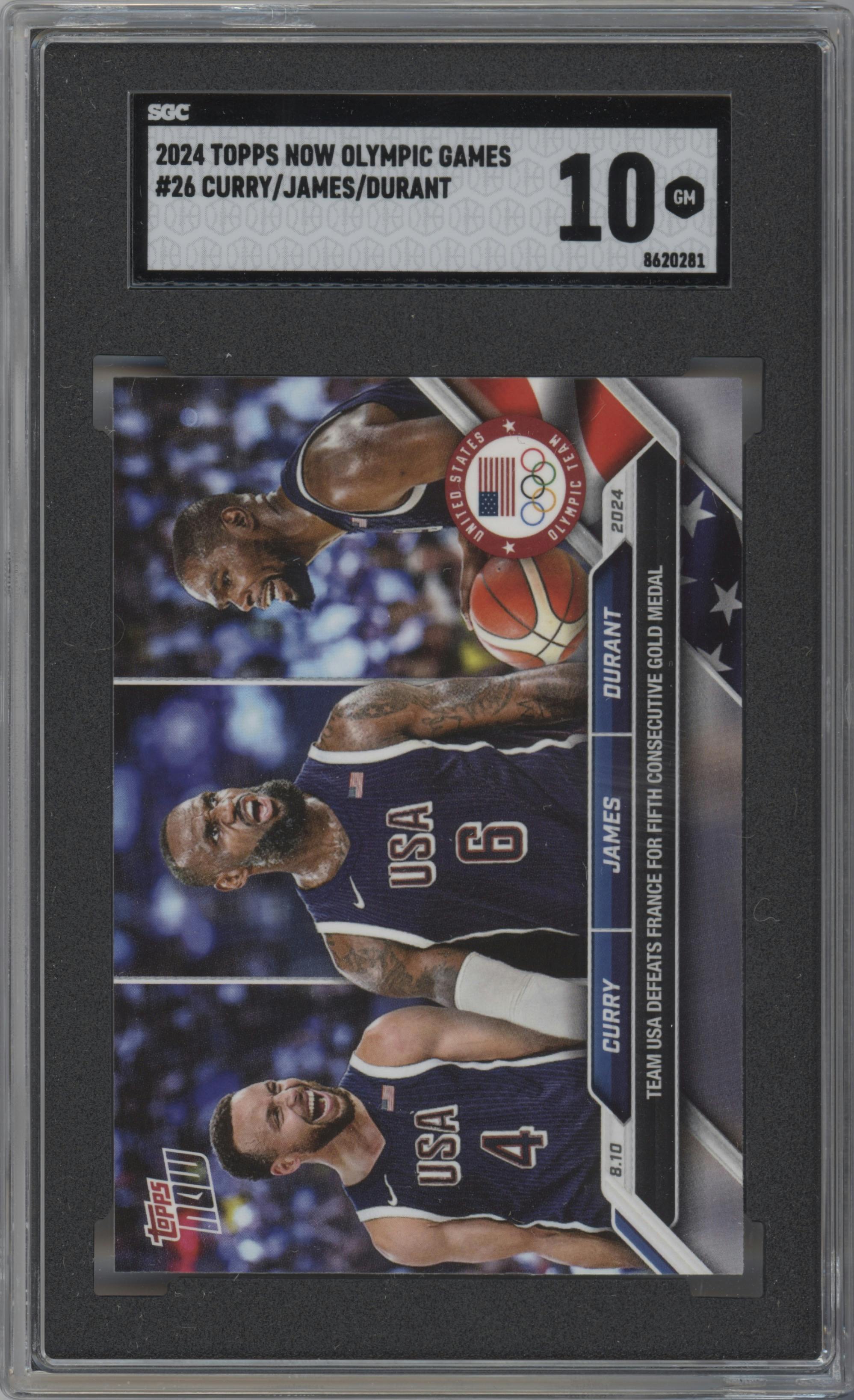 Stephen Curry/LeBron James/Kevin Durant from the 2024 Topps Now Olympics set graded by SGC and given an overall grade of 10.