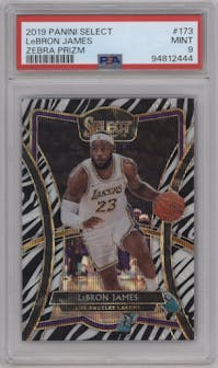 LeBron James from the 2019-20 Panini Select set featuring a Zebra Prizm parallel graded by PSA and given an overall grade of 9.