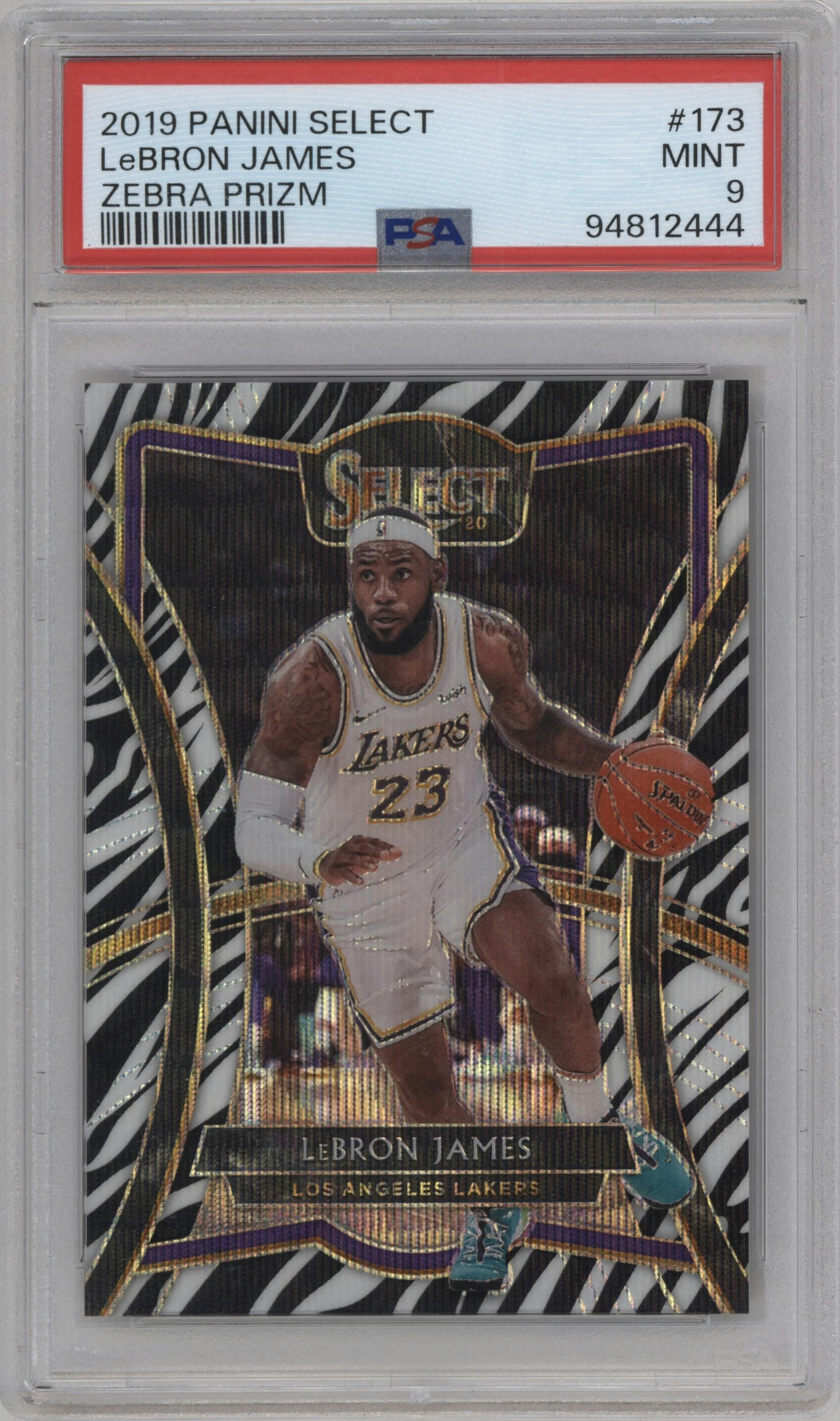 LeBron James from the 2019-20 Panini Select set featuring a Zebra Prizm parallel graded by PSA and given an overall grade of 9.