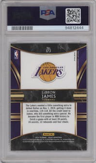 LeBron James from the 2019-20 Panini Select set featuring a Zebra Prizm parallel graded by PSA and given an overall grade of 9.