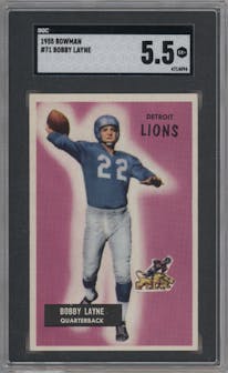 Bobby Layne from the 1955 Bowman set graded by SGC and given an overall grade of 5.5.