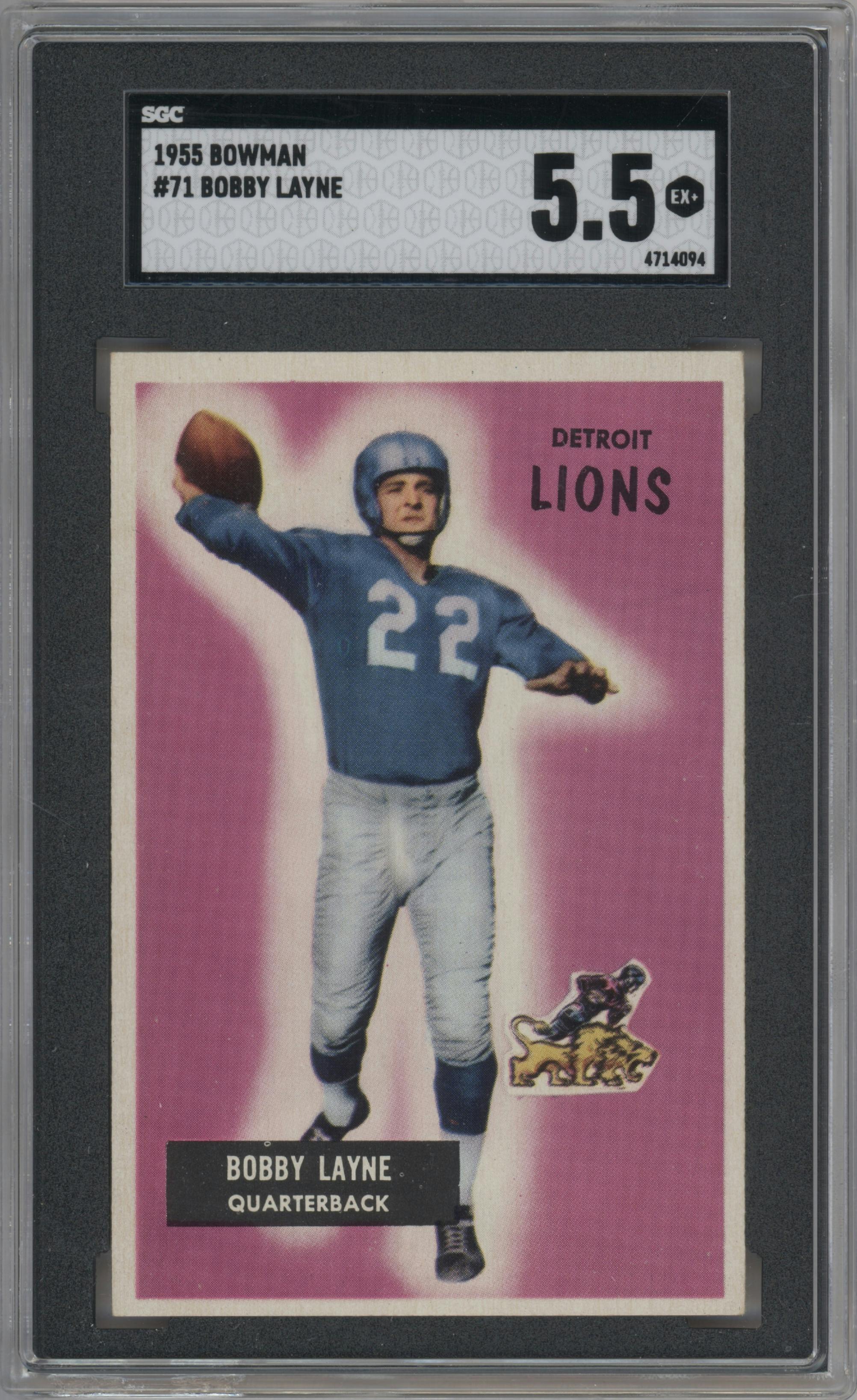Bobby Layne from the 1955 Bowman set graded by SGC and given an overall grade of 5.5.