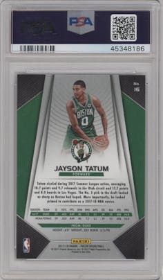 Jayson Tatum from the 2017-18 Panini Prizm  set graded by PSA and given an overall grade of 10.