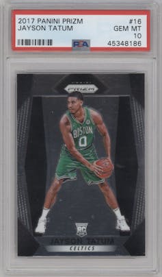 Jayson Tatum from the 2017-18 Panini Prizm  set graded by PSA and given an overall grade of 10.