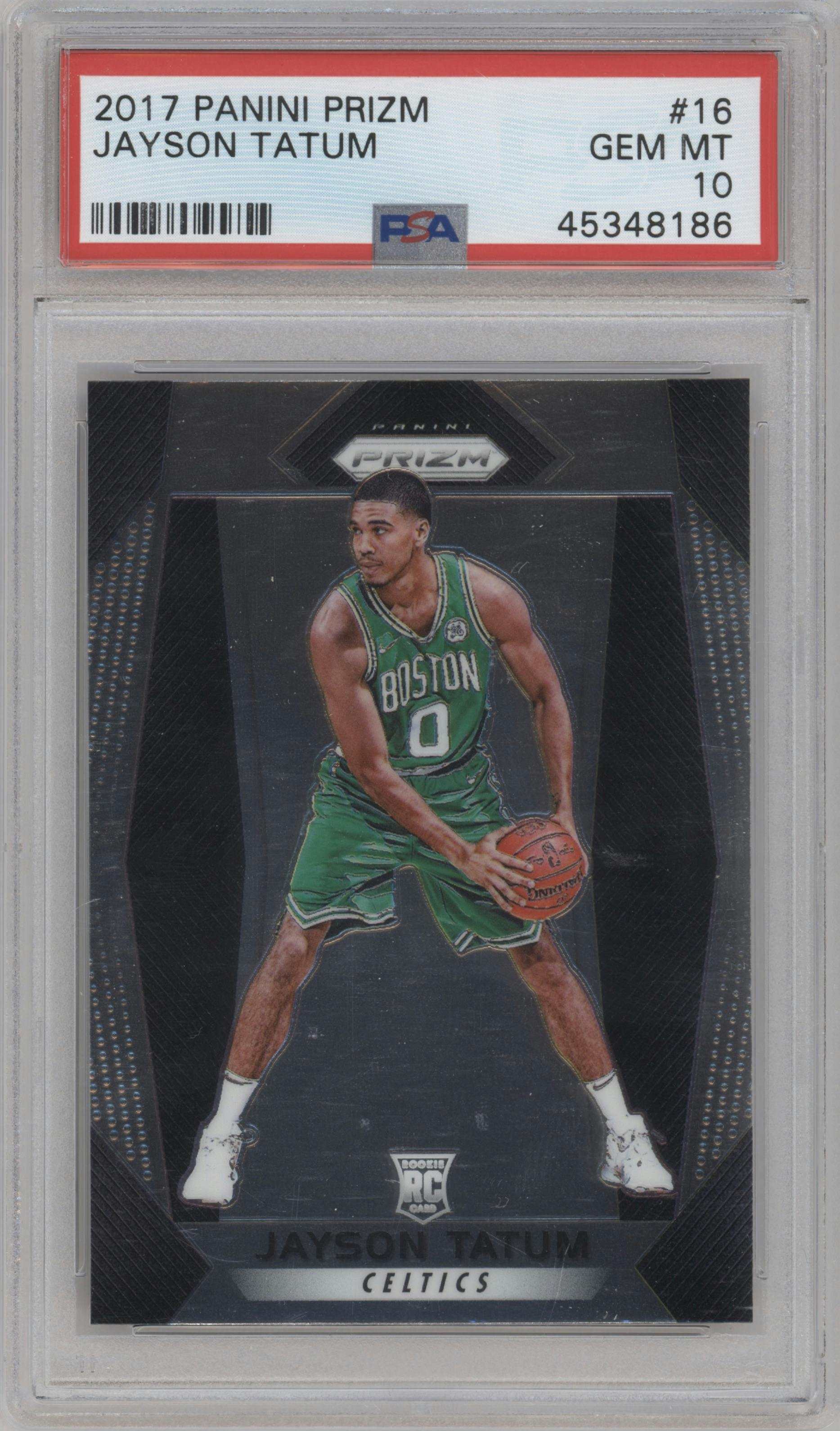 Jayson Tatum from the 2017-18 Panini Prizm  set graded by PSA and given an overall grade of 10.