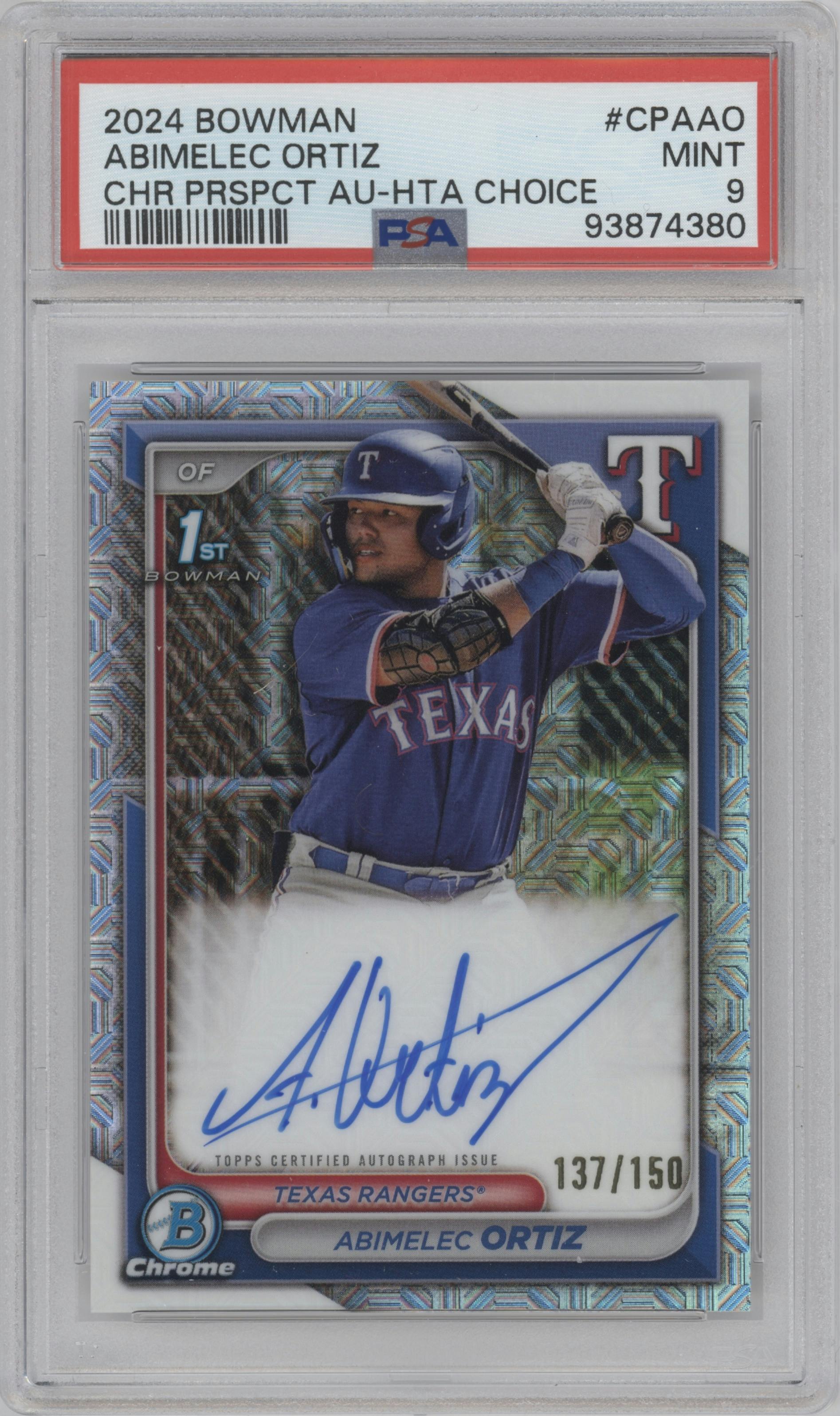 Abimelec Ortiz from the 2024 Bowman set featuring a HTA Choice parallel graded by PSA and given an overall grade of 9.