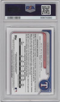 Abimelec Ortiz from the 2024 Bowman set featuring a HTA Choice parallel graded by PSA and given an overall grade of 9.
