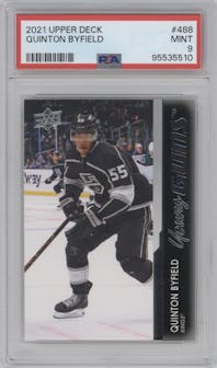 Quinton Byfield from the 2021-22 Upper Deck Series 2 set graded by PSA and given an overall grade of 9.