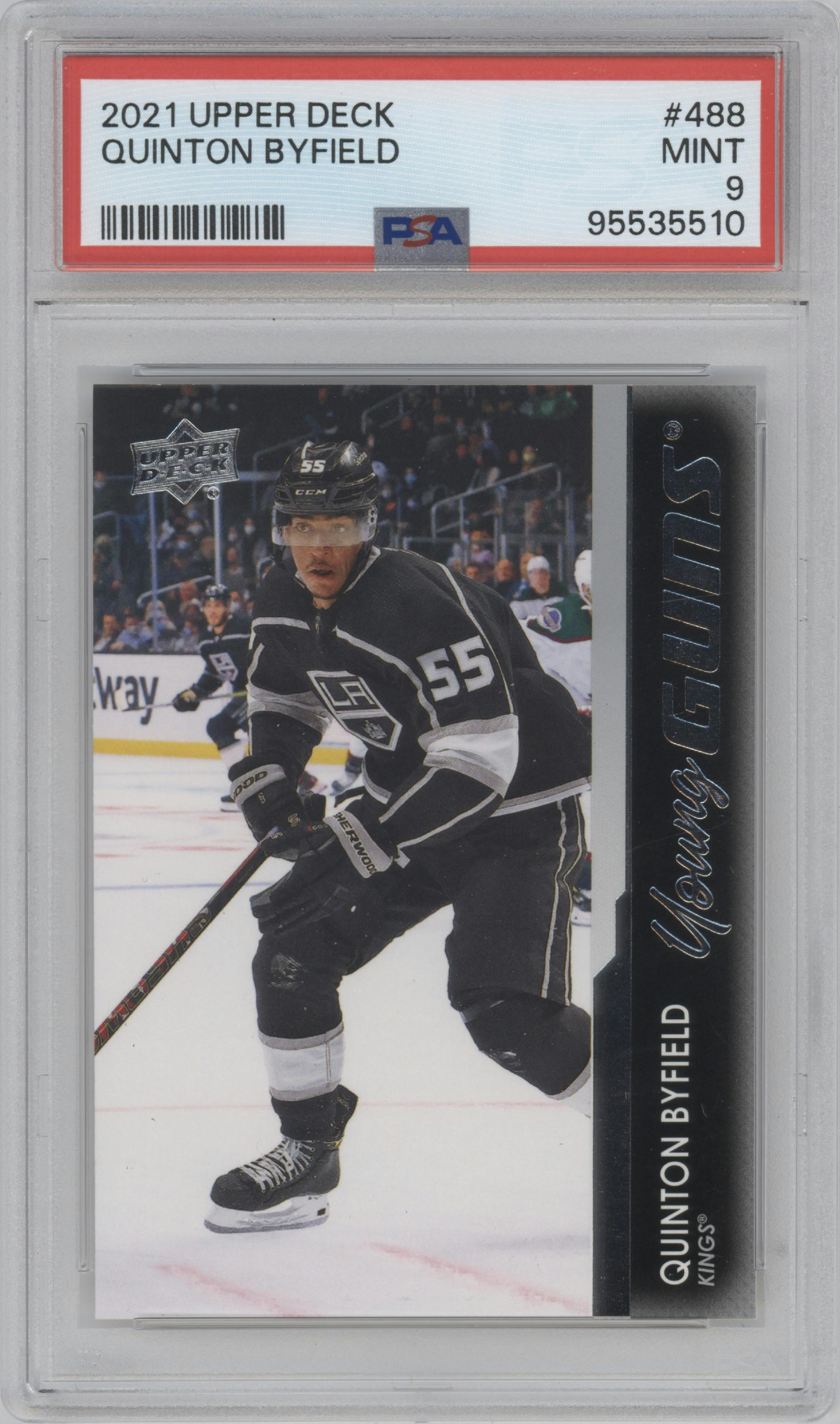 Quinton Byfield from the 2021-22 Upper Deck Series 2 set graded by PSA and given an overall grade of 9.