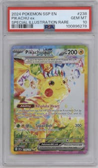 Pikachu ex from the 2024 Pokemon SV set graded by PSA and given an overall grade of 10.