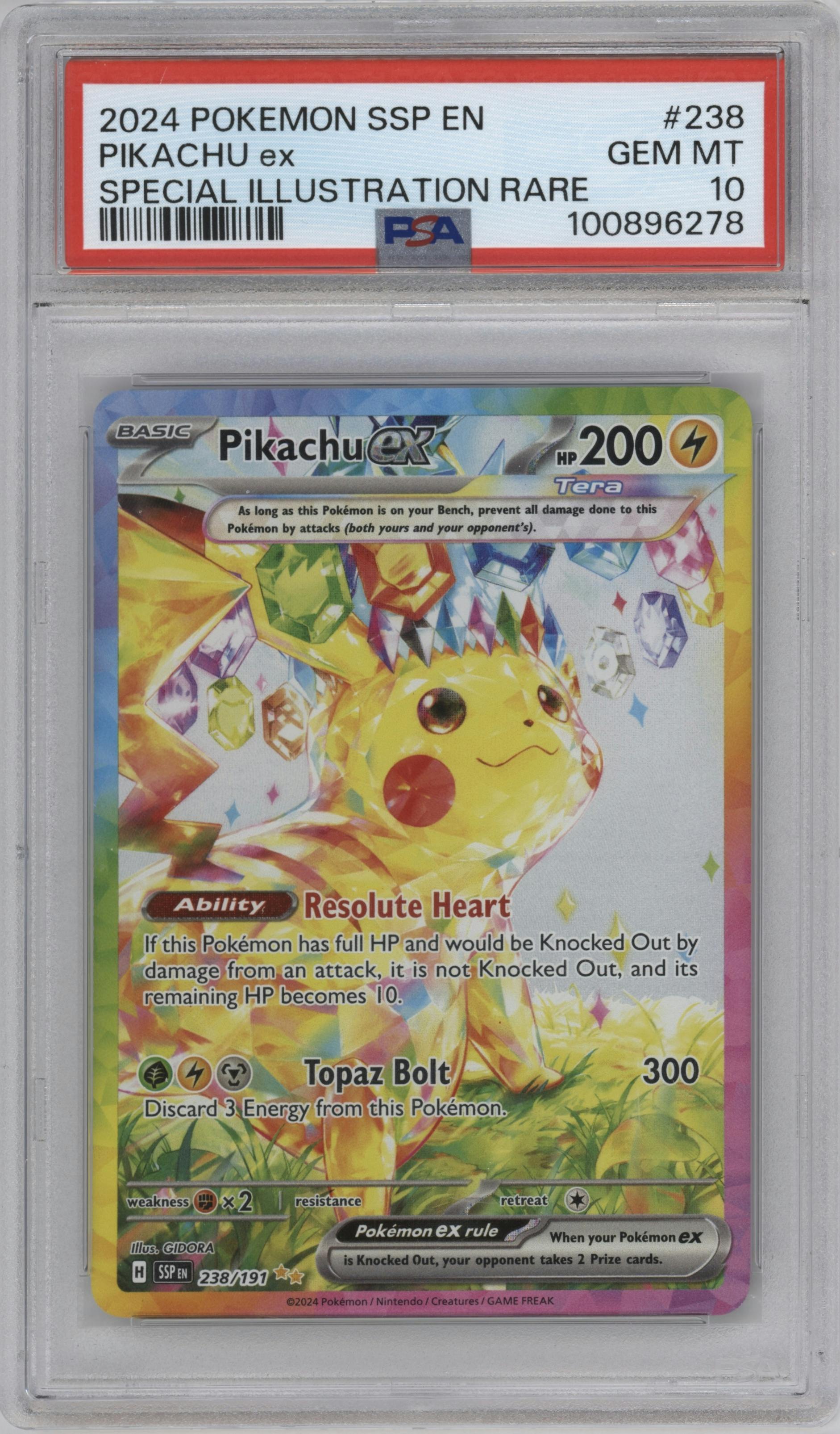 Pikachu ex from the 2024 Pokemon SV set graded by PSA and given an overall grade of 10.