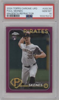Paul Skenes from the 2024 Topps Chrome Update set featuring a Magenta Refractor parallel graded by PSA and given an overall grade of 10.