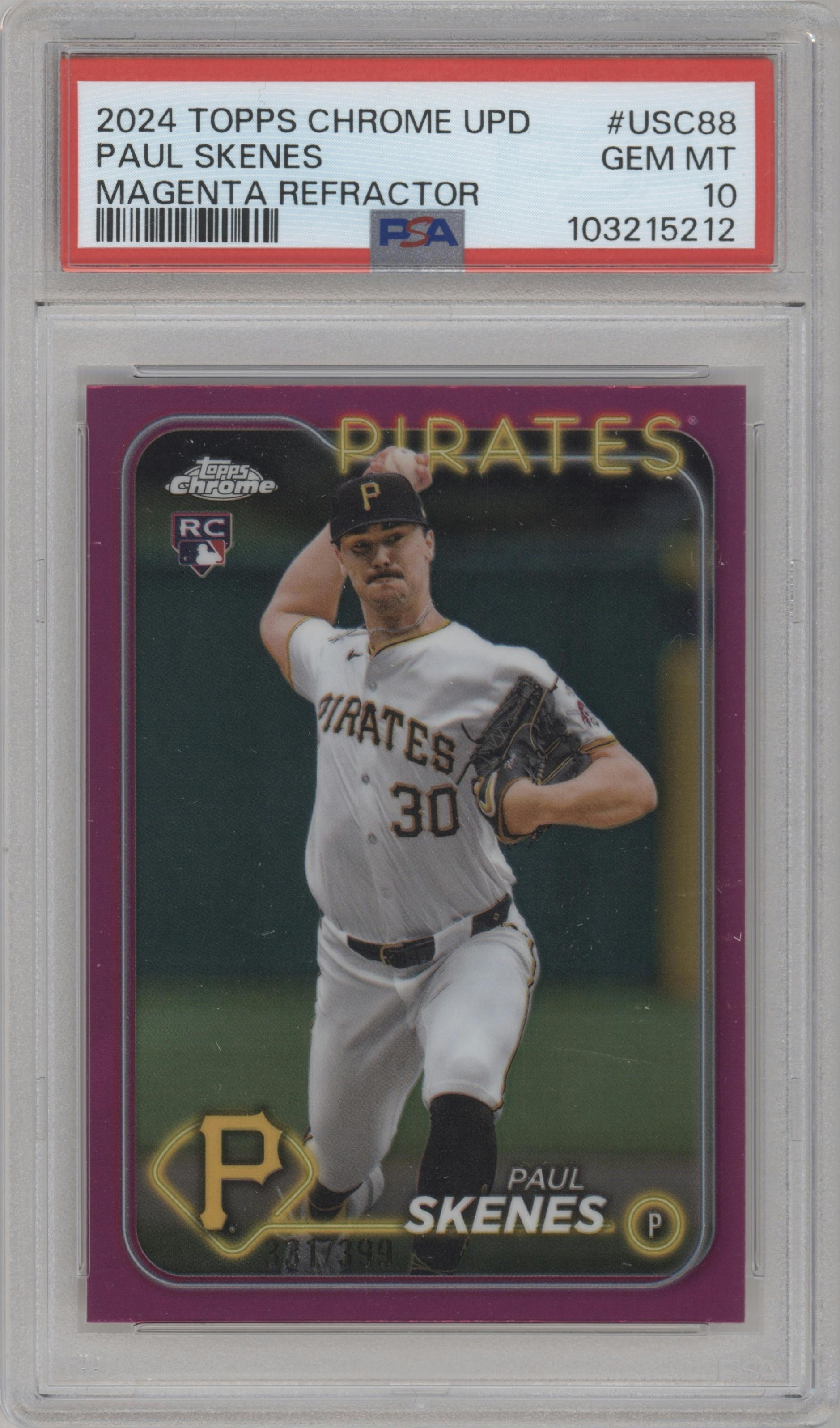 Paul Skenes from the 2024 Topps Chrome Update set featuring a Magenta Refractor parallel graded by PSA and given an overall grade of 10.