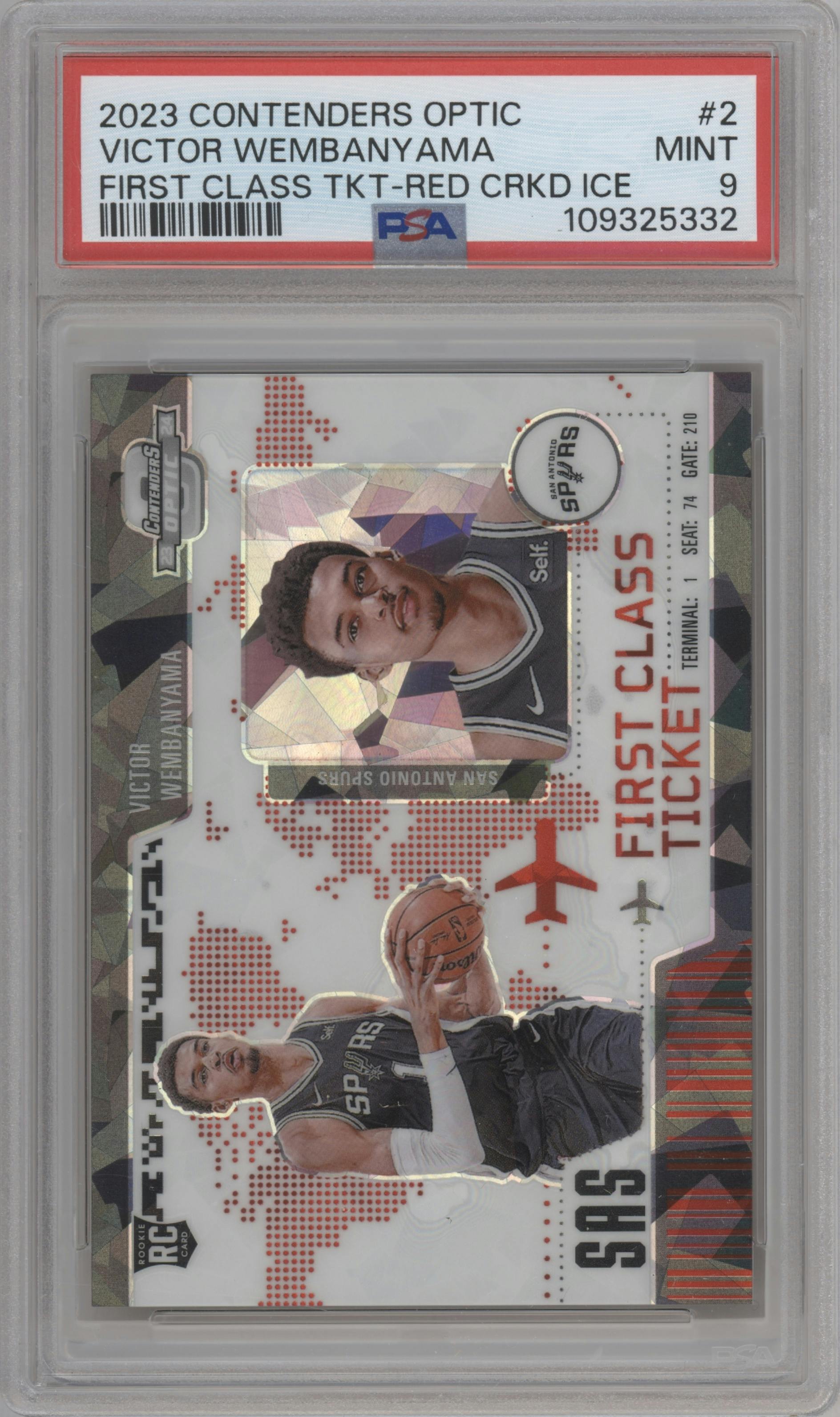 Victor Wembanyama from the 2023-24 Panini Contenders Optic set featuring a Red Cracked Ice parallel graded by PSA and given an overall grade of 9.