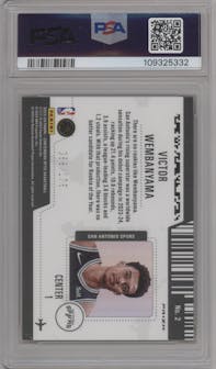 Victor Wembanyama from the 2023-24 Panini Contenders Optic set featuring a Red Cracked Ice parallel graded by PSA and given an overall grade of 9.