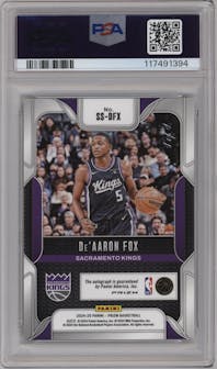 De'Aaron Fox from the 2024-25 Panini Prizm set featuring a Black Prizm parallel graded by PSA and given an overall grade of 10.